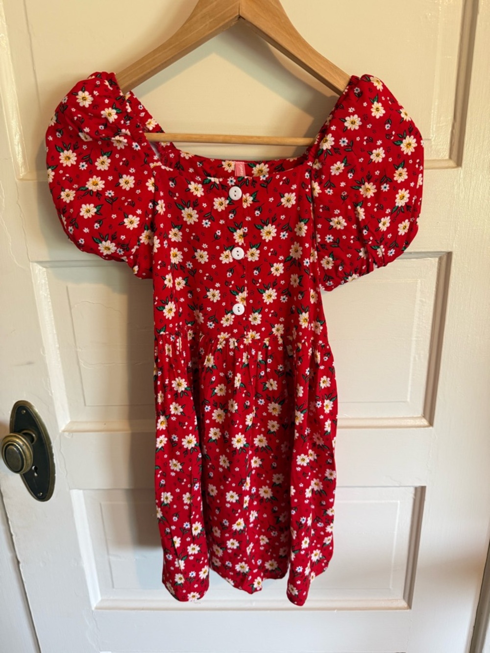 Red Floral Puff-Sleeve Girls' Dress